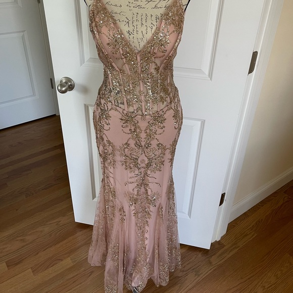 Rose sequins gown, corset top, low cut back, size 4, worn once. - Picture 3 of 5